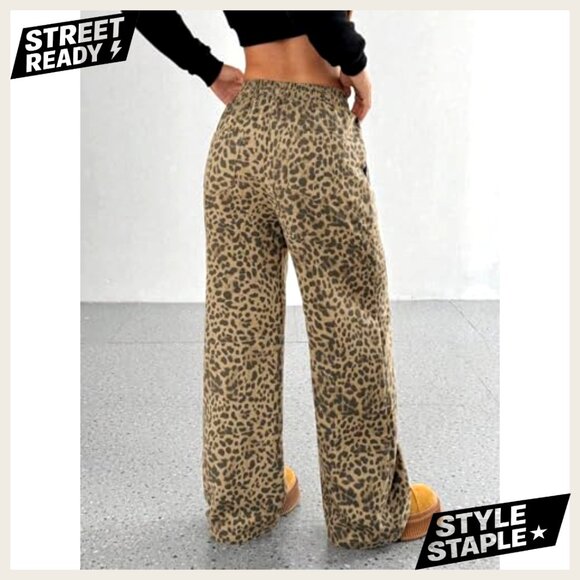 Wide Leg Jeans Elastic Waist Leopard Print Pants Casual Trousers with Pockets - Picture 2 of 5